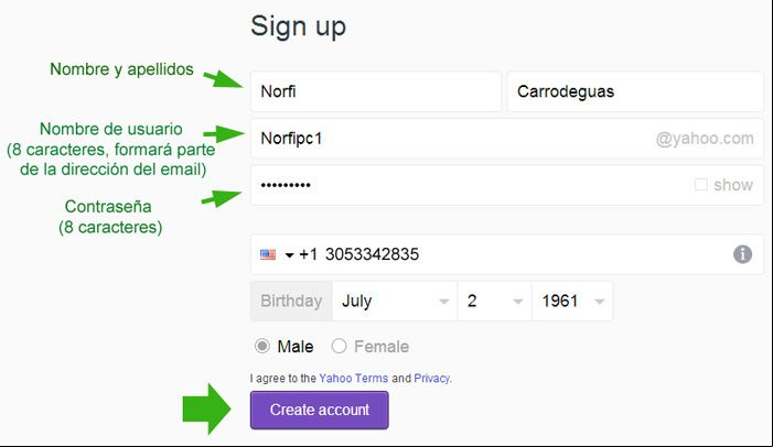 Datos para crear una cuenta de correo en Yahoo Datos para crear una cuenta de correo en Yahoo
