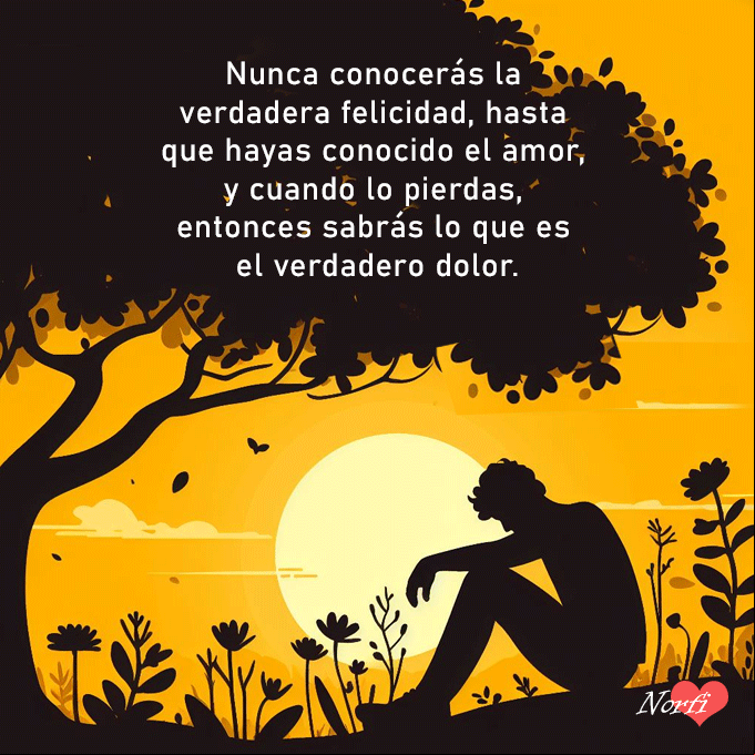 Nunca conocerás la verdadera felicidad, hasta que hayas conocido el amor, y cuando lo pierdas, entonces sabrás lo que es el verdadero dolor Persona triste bajo un arbol al atardecer