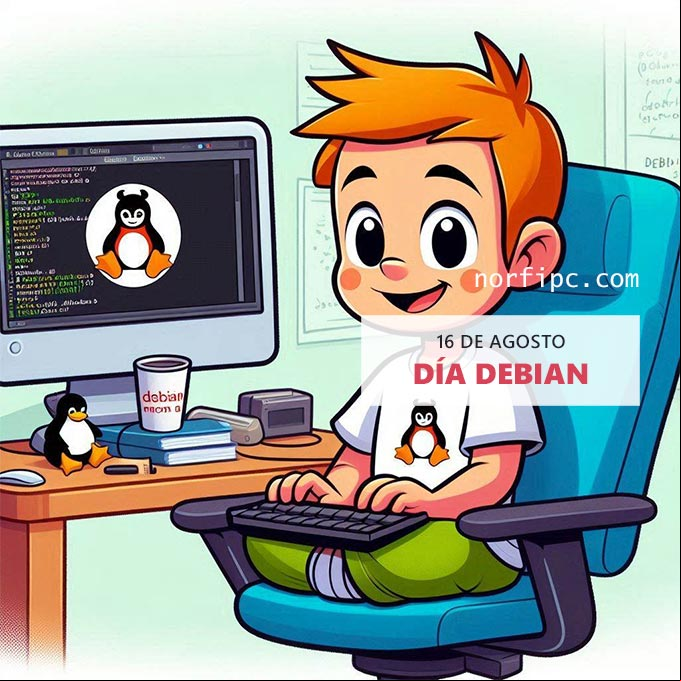 Chico con computadora con sistema operativo Debian