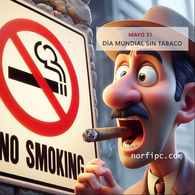 hombre con un tabaco en la boca mirando asombrado un cartel grande que dice: NO FUMAR