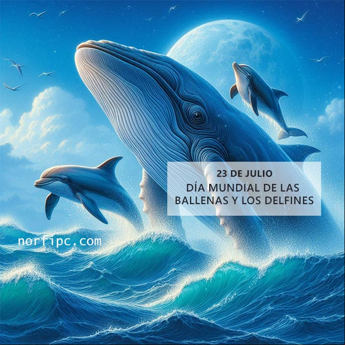 Ballena y delfines emergiendo del mar