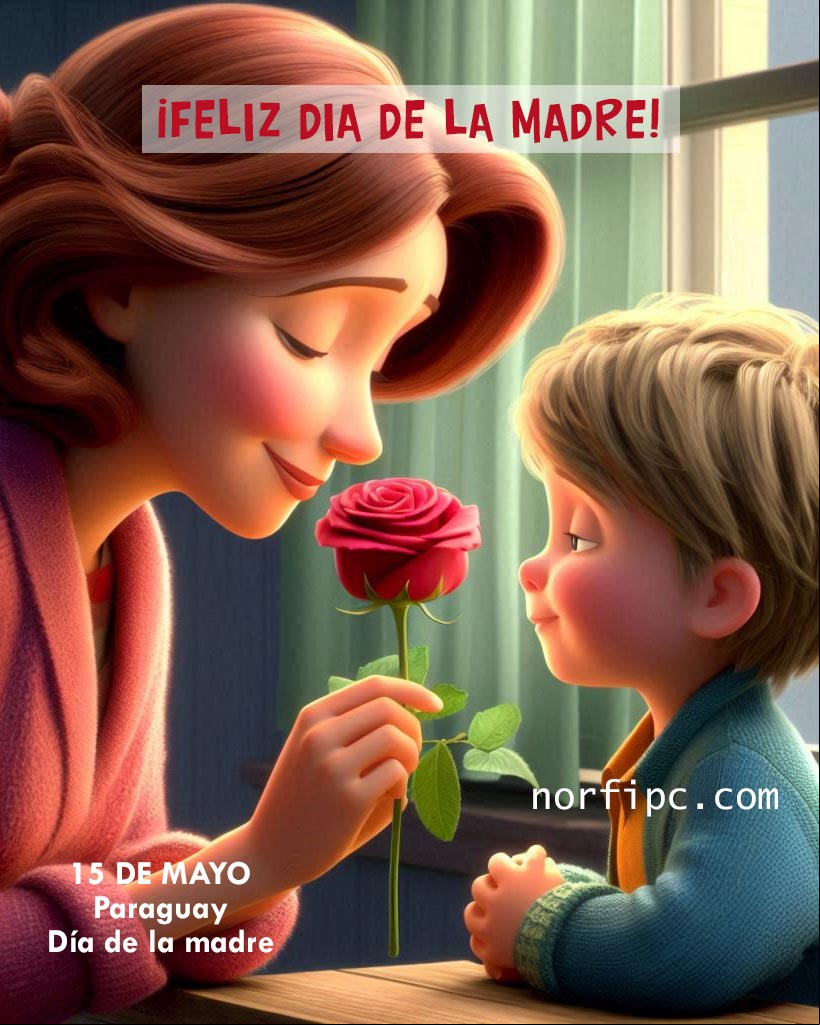 15 de mayo. Día de la Madre en Paraguay Chico regalando una rosa a su madre