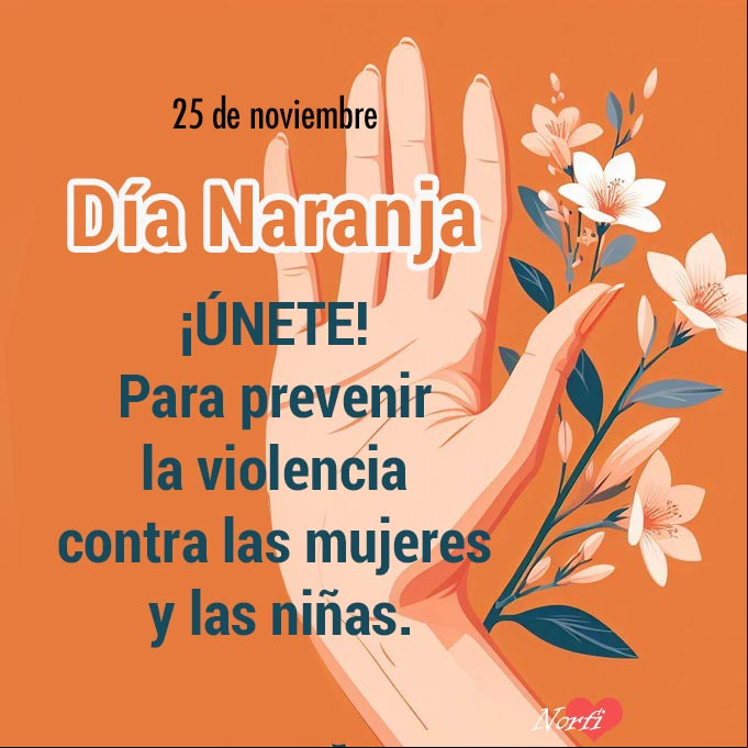 Cartel del autor para el 25 de noviembre, Día Naranja Mano de una mujer abierta con flores blancas y fondo de color naranja