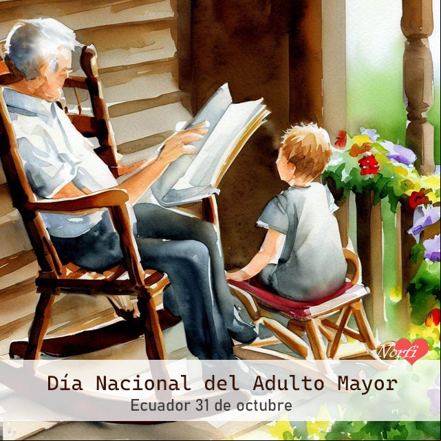 31 de octubre Día Nacional del Adulto Mayor en Ecuador Àdulto mayor en una mecedora con un chico