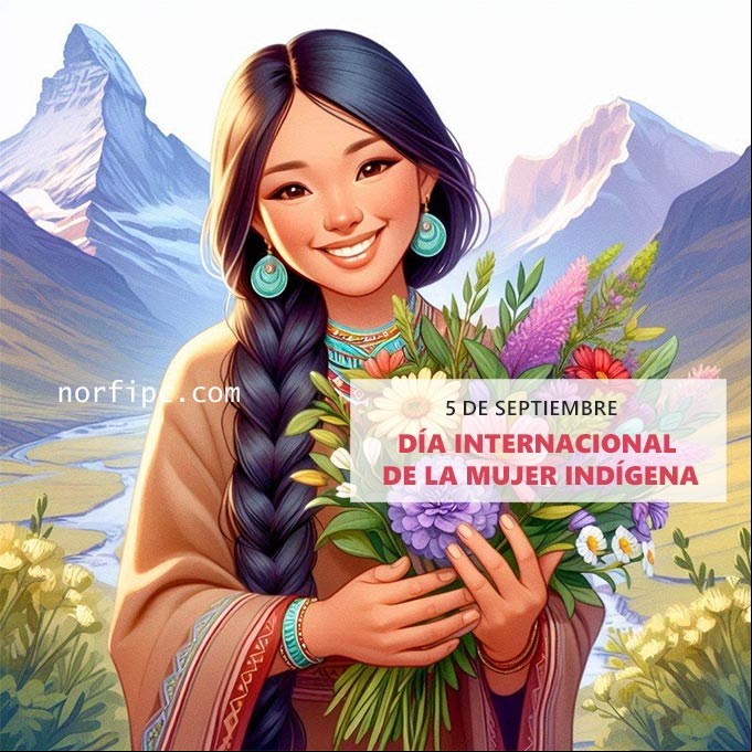 5 de septiembre, Día de la Mujer Indígena Ilustración de mujer indígena americana recibiendo un ramo de flores