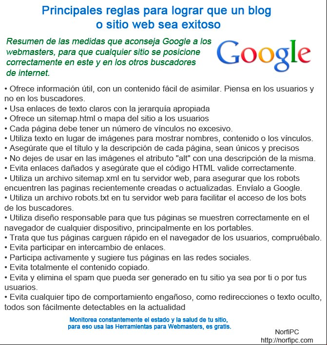 Reglas que aconseja Google a los , para lograr que un blog o sitio web sea exitoso