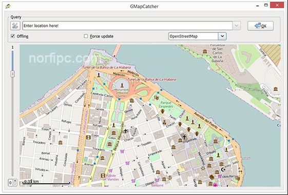 Visualizando el mapa de Ciudad de la Habana usando el nivel de zoom 1, después de descargarlo con GMapCatcher Visualizando el mapa de Ciudad de la Habana después de descargarlo con GMapCatcher
