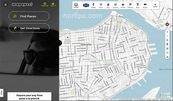 Ventana de MapQuest, uno de los más populares servicios de mapas de internet Ventana de MapQuest, uno de los más populares servicios de mapas de internet