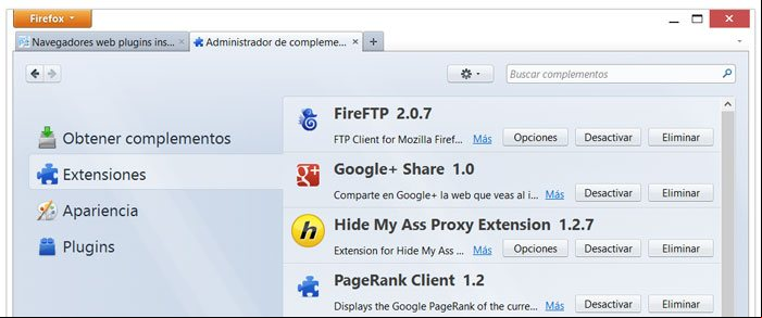 Ventana de información y configuración de las extensiones o addons instalados en el navegador Firefox