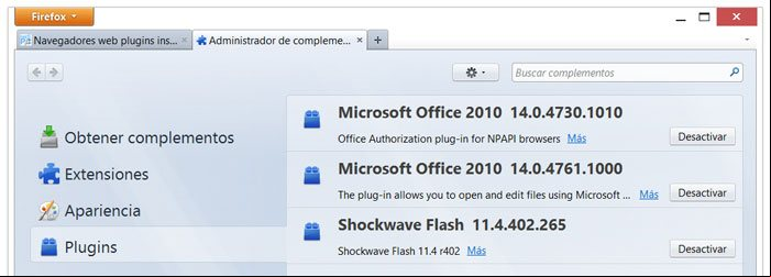 Ventana de información y configuración de los plugins instalados en el navegador Firefox