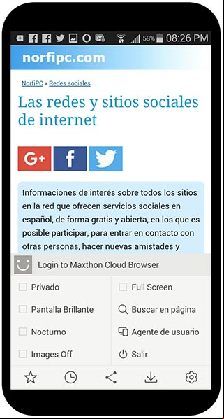 Menú del navegador móvil Maxthon Menú del navegador móvil Maxthon