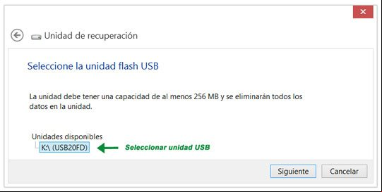 Escoger la unidad USB donde sera creada la unidad de recuperación