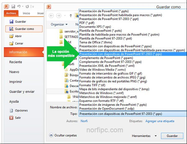 Guardar una presentación de PowerPoint para que se reproduzca en cualquier versión del programa Guardar una presentación de PowerPoint para que se reproduzca en cualquier versión del programa