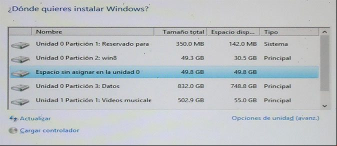 Seleccionar la unidad donde instalar Windows 8 Seleccionar la unidad donde instalar Windows 8