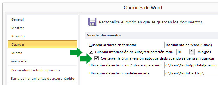 Comprobar que la función Autorrecuperación está habilitada en Word Comprobar que la función Autorrecuperación está habilitada en Word