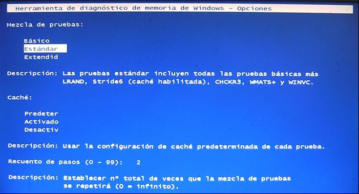 Opciones de la herramienta para diagnosticar la memoria en Windows Opciones de la herramienta para diagnosticar la memoria en Windows