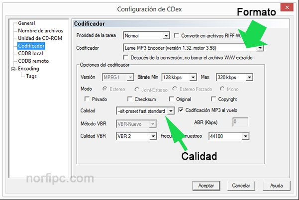 Escoger el formato y configurar la calidad en CDex Escoger el formato y configurar la calidad en CDex