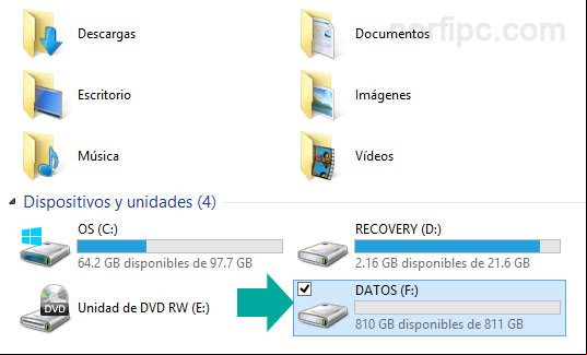 Explorador de Windows con la nueva unidad creada en el disco duro llamada Datos Explorador de Windows con la nueva unidad creada en el disco duro llamada Datos