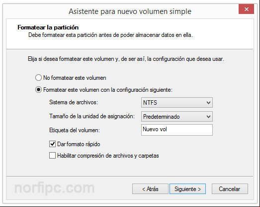 Formatear en NTFS con el asistente la nueva unidad creada en el disco duro Formatear en NTFS con el asistente la nueva unidad creada en el disco duro