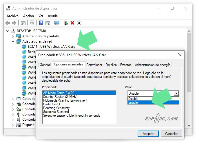 Activar el modo AP (transmisión) en el adaptador de red inalámbrico Activar el modo AP (transmisión) en el adaptador de red inalámbrico