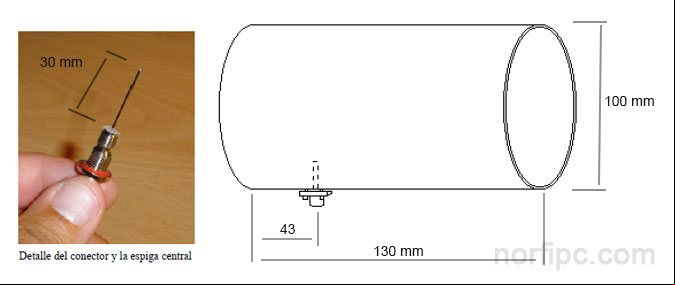 Medidas y dimensiones del tubo o lata de la antena de tubo para Wi-Fi y de la espiga del conector Medidas y dimensiones del tubo o lata de la antena de tubo para Wi-Fi y de la espiga del conector