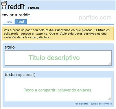 Ventana para crear una publicación texto en Reddit Ventana para crear una publicación texto en Reddit