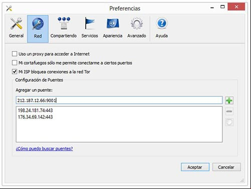 Agregando direcciones de nodos puentes de Tor a nuestra conexión