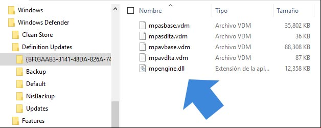 Carpeta de actualizaciones de Windows Defender Carpeta de actualizaciones de Windows Defender