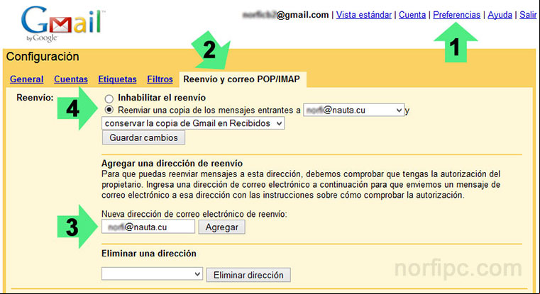 Configurar Gmail para enviar los mensajes a una dirección de correo de Nauta Configurar Gmail para enviar los mensajes a una dirección de correo de Nauta