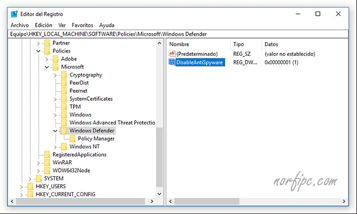 Detener o desactivar Windows Defender en el Registro Detener o desactivar Windows Defender en el Registro