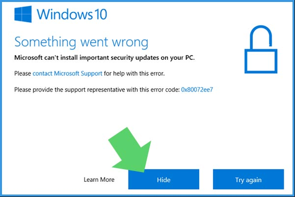 Cuadro de advertencia de Microsoft, después de deshabilitar las actualizaciones de Windows Update en Windows 10 Advertencia de Microsoft