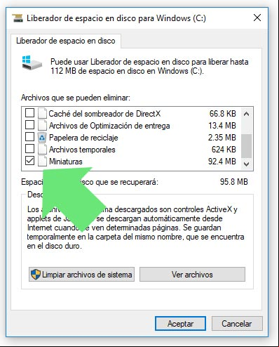 Eliminar miniaturas, predeterminada en las opciones del Liberador de espacio de Windows Eliminar miniaturas, predeterminada en las opciones del Liberador de espacio de Windows