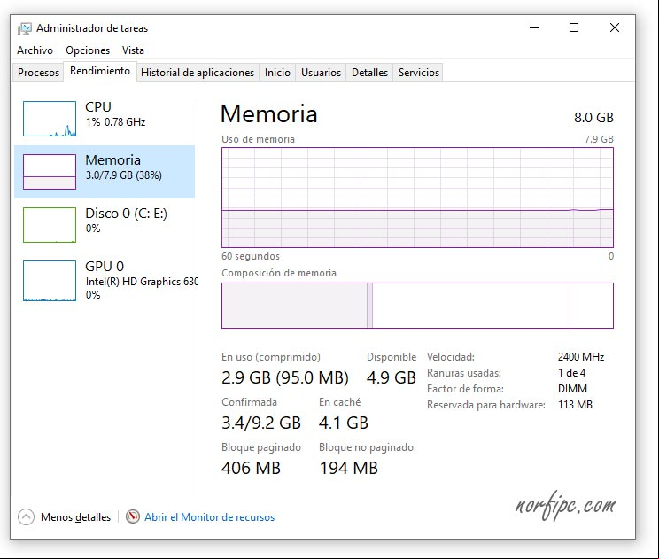 Información de la memoria RAM instalada en el de Tareas de Windows 10 Información de la memoria RAM instalada en el de Tareas de Windows 10