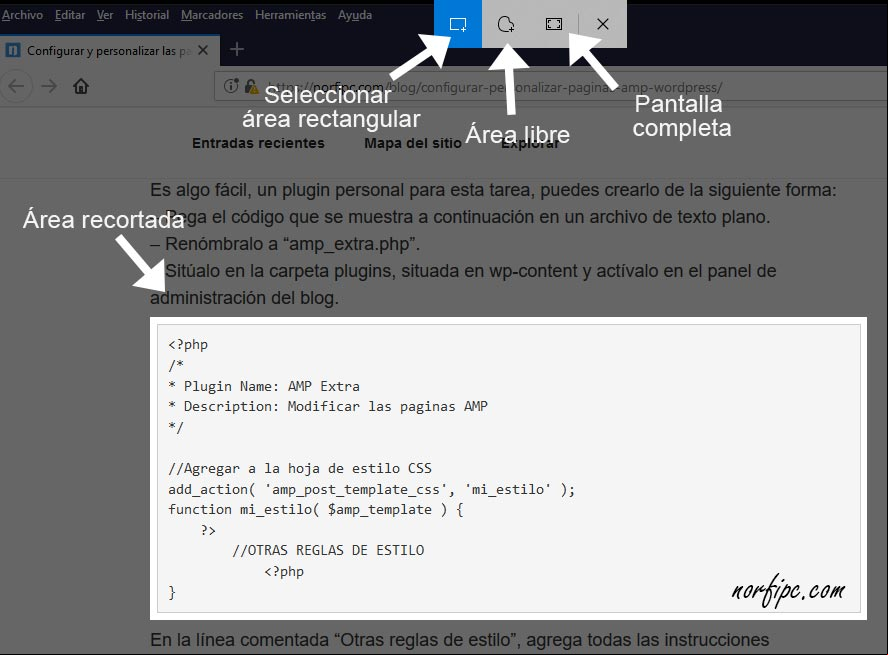 Opciones para tomar captura de pantalla en Windows 10, de una página de internet