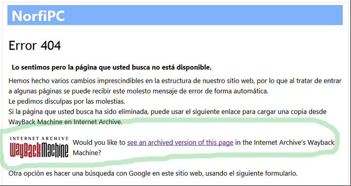 Página de Error 404 con un enlace a la copia de la página solicitada en Wayback Machine Página de Error 404 con un enlace a la copia de la página solicitada en Wayback Machine