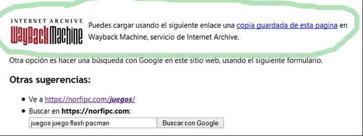 Página de Error 404 con un enlace a Wayback Machine con el mensaje en español Página de Error 404 con un enlace a Wayback Machine con el mensaje en español