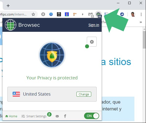 Extensión de Browsec VPN en el navegador Google Chrome Extensión de Browsec VPN en el navegador Google Chrome