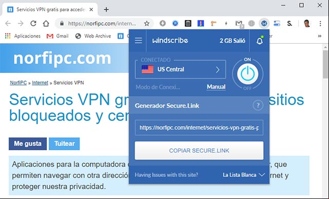 Extensión del VPN Windscribe en el navegador Google Chrome Extensión del VPN Windscribe en el navegador Google Chrome