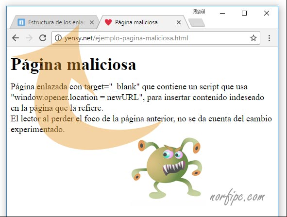 Funcionamiento de un script en una página externa maliciosa enlazada con TARGET _BLANK Página externa maliciosa enlazada con TARGET _BLANK