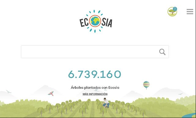 Página principal del buscador Ecosia, indicando los árboles que hemos ayudado a plantar con nuestras búsquedas Página principal del buscador Ecosia