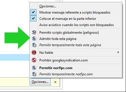 No bloquear y permitir con NoScript las páginas de NorfiPC