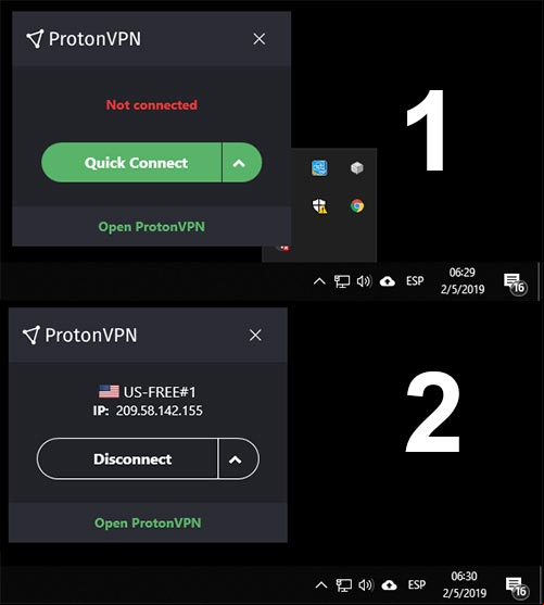 de Proton VPN en Windows, antes y después de establecer la conexión de Proton VPN en Windows