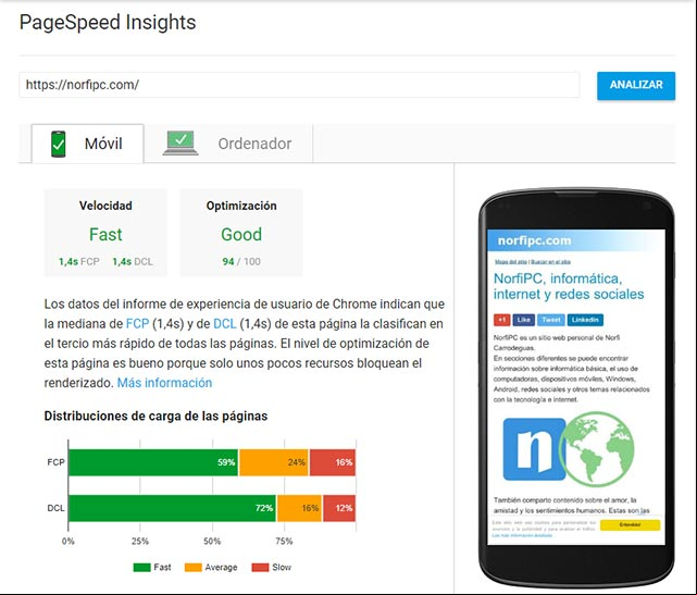 Resultado del análisis de PageSpeed en la página principal del sitio NorfiPC, del rendimiento para móviles Resultado del análisis de PageSpeed en la página principal del sitio NorfiPC, del rendimiento para móviles