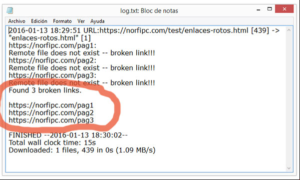 Resultado de la prueba de enlaces rotos con WGET Resultado de la prueba de enlaces rotos con WGET