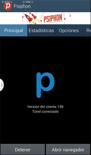 Ventana de Psiphon en Android Ventana de Psiphon en Android