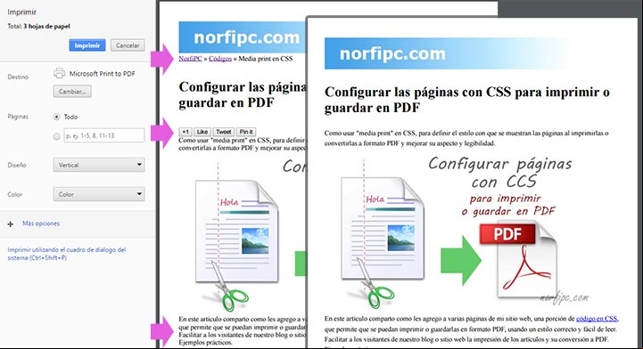 Ejemplo de la vista previa de esta misma página para imprimir, del modo tradicional y usando "media print" en CSS Ejemplo de la vista previa de esta misma página para imprimir