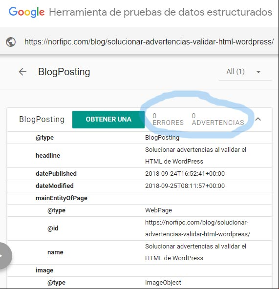 Comprobar y validar los datos estructurados JSON
